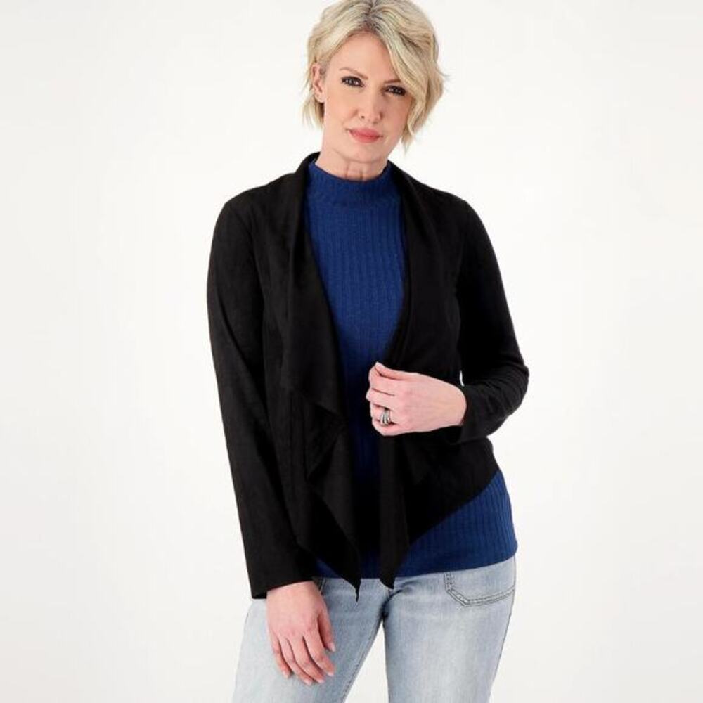 Susan Graver Women's L Black Knit Faux Suede Long Sleeve Cascade Front Cardigan